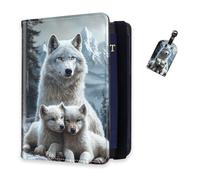 DISUOFEART RFID Passport Holder for Travel with Luggage Tags, PU Leather Passport Wallet with Multiple Card Slots, Travel Passport Case for Men & Women-22, White Wolf & Pups in Mountain Snow, Art Deco