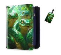 DISUOFEART RFID Passport Holder for Travel with Luggage Tags, PU Leather Passport Wallet with Multiple Card Slots, Travel Passport Case for Men & Women-17, Green Snakes Slithering in Jungle, Art Deco