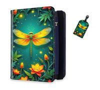 DISUOFEART RFID Passport Holder for Travel with Luggage Tags, PU Leather Passport Wallet with Multiple Card Slots, Travel Passport Case for Men & Women-11, Dragonfly in Enchanted Garden, Art Deco