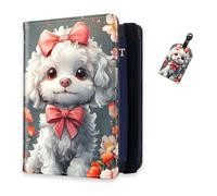 DISUOFEART RFID Passport Holder for Travel with Luggage Tags, PU Leather Passport Wallet with Multiple Card Slots, Travel Passport Case for Men & Women-15, Poodle with Pink Bows, Art Deco