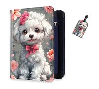 DISUOFEART RFID Passport Holder for Travel with Luggage Tags, PU Leather Passport Wallet with Multiple Card Slots, Travel Passport Case for Men & Women-18, Poodle with Pink Flowers & Bow, Art Deco