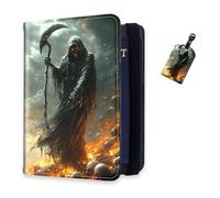 DISUOFEART RFID Passport Holder for Travel with Luggage Tags, PU Leather Passport Wallet with Multiple Card Slots, Travel Passport Case for Men & Women-28, Skeleton Amidst Burning Skulls, Art Deco
