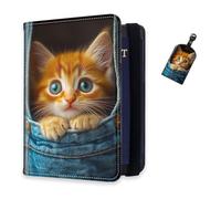 DISUOFEART RFID Passport Holder for Travel with Luggage Tags, PU Leather Passport Wallet with Multiple Card Slots, Travel Passport Case for Men & Women-26, Denim Pocket Ginger Kitten Peeking, Art Deco