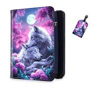 DISUOFEART RFID Passport Holder for Travel with Luggage Tags, PU Leather Passport Wallet with Multiple Card Slots, Travel Passport Case for Men & Women-25, White Wolves Moon Purple Blossoms, Art Deco