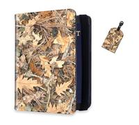 DISUOFEART RFID Passport Holder for Travel with Luggage Tags, PU Leather Passport Wallet with Multiple Card Slots, Travel Passport Case for Men & Women-8, Camouflage Autumn Leaf Litter, Art Deco