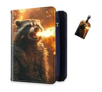 DISUOFEART RFID Passport Holder for Travel with Luggage Tags, PU Leather Passport Wallet with Multiple Card Slots, Travel Passport Case for Men & Women-16, Raccoon Breathing Fire, Art Deco