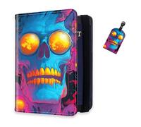 DISUOFEART RFID Passport Holder for Travel with Luggage Tags, PU Leather Passport Wallet with Multiple Card Slots, Travel Passport Case for Men & Women-27, Neon Skull with Cosmic Eyes, Art Deco