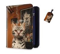 DISUOFEART RFID Passport Holder for Travel with Luggage Tags, PU Leather Passport Wallet with Multiple Card Slots, Travel Passport Case for Men & Women-22, Smokin' Bengal Cat in Cozy Room, Art Deco