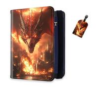 DISUOFEART RFID Passport Holder for Travel with Luggage Tags, PU Leather Passport Wallet with Multiple Card Slots, Travel Passport Case for Men & Women-23, Fiery Dragon Over Burning City, Art Deco