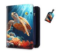 DISUOFEART RFID Passport Holder for Travel with Luggage Tags, PU Leather Passport Wallet with Multiple Card Slots, Travel Passport Case for Men & Women-25, Coral Reef Cruising Sea Turtle, Art Deco