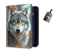 DISUOFEART RFID Passport Holder for Travel with Luggage Tags, PU Leather Passport Wallet with Multiple Card Slots, Travel Passport Case for Men & Women-23, Wolf Autumn Forest Falling Leaves, Art Deco