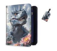 DISUOFEART RFID Passport Holder for Travel with Luggage Tags, PU Leather Passport Wallet with Multiple Card Slots, Travel Passport Case for Men & Women-21, Spiked Dinosaur Giant Pink Flowers, Art Deco