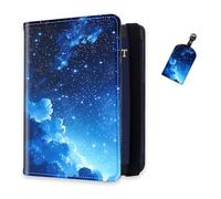 DISUOFEART RFID Passport Holder for Travel with Luggage Tags, PU Leather Passport Wallet with Multiple Card Slots, Travel Passport Case for Men & Women-19, Starry Night Sky with Blue Clouds, Art Deco