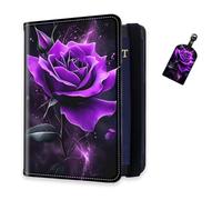 DISUOFEART RFID Passport Holder for Travel with Luggage Tags, PU Leather Passport Wallet with Multiple Card Slots, Travel Passport Case for Men & Women-7, Purple Rose, Art Deco
