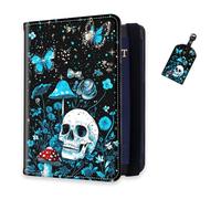DISUOFEART RFID Passport Holder for Travel with Luggage Tags, PU Leather Passport Wallet with Multiple Card Slots, Travel Passport Case for Men & Women-4, Skull Flower Butterfly Mushroom, Art Deco