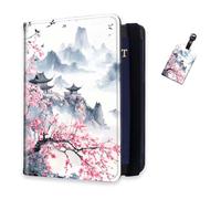 DISUOFEART RFID Passport Holder for Travel with Luggage Tags, PU Leather Passport Wallet with Multiple Card Slots, Travel Passport Case for Men & Women-8, Peach Blossom Pagoda in Mist, Art Deco