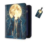 DISUOFEART RFID Passport Holder for Travel with Luggage Tags, PU Leather Passport Wallet with Multiple Card Slots, Travel Passport Case for Men & Women-17, Wolves Howling Under Giant Moon, Art Deco