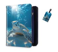 DISUOFEART RFID Passport Holder for Travel with Luggage Tags, PU Leather Passport Wallet with Multiple Card Slots, Travel Passport Case for Men & Women-16, Sea Turtle Underwater Sunbeam, Art Deco