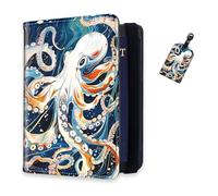 DISUOFEART RFID Passport Holder for Travel with Luggage Tags, PU Leather Passport Wallet with Multiple Card Slots, Travel Passport Case for Men & Women-3, White Octopus in the Ocean, Art Deco