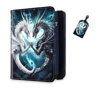 DISUOFEART RFID Passport Holder for Travel with Luggage Tags, PU Leather Passport Wallet with Multiple Card Slots, Travel Passport Case for Men & Women-4, White Dragon and Black Dragon, Art Deco
