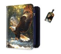 DISUOFEART RFID Passport Holder for Travel with Luggage Tags, PU Leather Passport Wallet with Multiple Card Slots, Travel Passport Case for Men & Women-23, Eagle Diving Over Rushing River, Art Deco