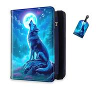 DISUOFEART RFID Passport Holder for Travel with Luggage Tags, PU Leather Passport Wallet with Multiple Card Slots, Travel Passport Case for Men & Women-1F, Wolf Howling at Blue Moon, Art Deco