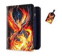 DISUOFEART RFID Passport Holder for Travel with Luggage Tags, PU Leather Passport Wallet with Multiple Card Slots, Travel Passport Case for Men & Women-8, Phoenix Rising from the Ashes, Art Deco