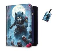DISUOFEART RFID Passport Holder for Travel with Luggage Tags, PU Leather Passport Wallet with Multiple Card Slots, Travel Passport Case for Men & Women-22, Wolf Warrior Under Full Moon, Art Deco