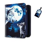 DISUOFEART RFID Passport Holder for Travel with Luggage Tags, PU Leather Passport Wallet with Multiple Card Slots, Travel Passport Case for Men & Women-10, Two Wolves Howling at the Moon, Art Deco