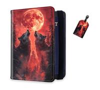 DISUOFEART RFID Passport Holder for Travel with Luggage Tags, PU Leather Passport Wallet with Multiple Card Slots, Travel Passport Case for Men & Women-19, Wolves Howling Under Red Moon, Art Deco