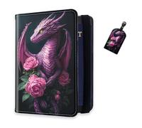 DISUOFEART RFID Passport Holder for Travel with Luggage Tags, PU Leather Passport Wallet with Multiple Card Slots, Travel Passport Case for Men & Women-22, Pink Dragon with Roses, Art Deco