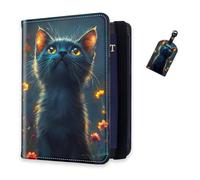 DISUOFEART RFID Passport Holder for Travel with Luggage Tags, PU Leather Passport Wallet with Multiple Card Slots, Travel Passport Case for Men & Women-23, Dark Cat Among Luminous Flowers, Art Deco
