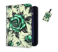 DISUOFEART RFID Passport Holder for Travel with Luggage Tags, PU Leather Passport Wallet with Multiple Card Slots, Travel Passport Case for Men & Women-3, Green Rose with Black Thorns, Art Deco