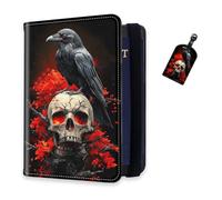 DISUOFEART RFID Passport Holder for Travel with Luggage Tags, PU Leather Passport Wallet with Multiple Card Slots, Travel Passport Case for Men & Women-24, Raven on Skull with Red Flames, Art Deco