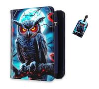 DISUOFEART RFID Passport Holder for Travel with Luggage Tags, PU Leather Passport Wallet with Multiple Card Slots, Travel Passport Case for Men & Women-8, Owl with Glowing Eyes, Art Deco