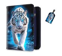 DISUOFEART RFID Passport Holder for Travel with Luggage Tags, PU Leather Passport Wallet with Multiple Card Slots, Travel Passport Case for Men & Women-6, White Tiger with Blue Eyes, Art Deco