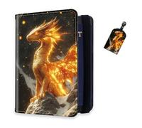 DISUOFEART RFID Passport Holder for Travel with Luggage Tags, PU Leather Passport Wallet with Multiple Card Slots, Travel Passport Case for Men & Women-28, Flame-Wreathed Golden Dragon, Art Deco