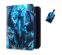 DISUOFEART RFID Passport Holder for Travel with Luggage Tags, PU Leather Passport Wallet with Multiple Card Slots, Travel Passport Case for Men & Women-3, Majestic Blue Dragon, Art Deco