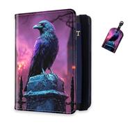 DISUOFEART RFID Passport Holder for Travel with Luggage Tags, PU Leather Passport Wallet with Multiple Card Slots, Travel Passport Case for Men & Women-24, Raven on Gatepost in Purple Haze, Art Deco