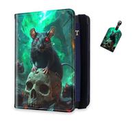 DISUOFEART RFID Passport Holder for Travel with Luggage Tags, PU Leather Passport Wallet with Multiple Card Slots, Travel Passport Case for Men & Women-17, Red-Eyed Rats Swarming a Skull, Art Deco