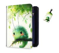 DISUOFEART RFID Passport Holder for Travel with Luggage Tags, PU Leather Passport Wallet with Multiple Card Slots, Travel Passport Case for Men & Women-29, Smiling Green Caterpillar On Branch, Art