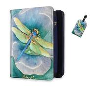 DISUOFEART RFID Passport Holder for Travel with Luggage Tags, PU Leather Passport Wallet with Multiple Card Slots, Travel Passport Case for Men & Women-6, Blue Dragonfly Rest on Flower, Art Deco