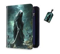 DISUOFEART RFID Passport Holder for Travel with Luggage Tags, PU Leather Passport Wallet with Multiple Card Slots, Travel Passport Case for Men & Women-18, Skeleton in Graveyard, Art Deco
