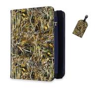 DISUOFEART RFID Passport Holder for Travel with Luggage Tags, PU Leather Passport Wallet with Multiple Card Slots, Travel Passport Case for Men & Women-3, Camouflage with Reed and Grass, Art Deco