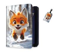 DISUOFEART RFID Passport Holder for Travel with Luggage Tags, PU Leather Passport Wallet with Multiple Card Slots, Travel Passport Case for Men & Women-15, Cheerful Fox Cub in Snow, Art Deco