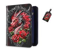 DISUOFEART RFID Passport Holder for Travel with Luggage Tags, PU Leather Passport Wallet with Multiple Card Slots, Travel Passport Case for Men & Women-7, Red Dragon with Roses, Art Deco