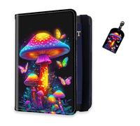 DISUOFEART RFID Passport Holder for Travel with Luggage Tags, PU Leather Passport Wallet with Multiple Card Slots, Travel Passport Case for Men & Women-14, Neon Mushrooms and Butterflies, Art Deco