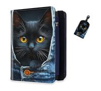 DISUOFEART RFID Passport Holder for Travel with Luggage Tags, PU Leather Passport Wallet with Multiple Card Slots, Travel Passport Case for Men & Women-27, Black Cat in Denim Hood, Art Deco