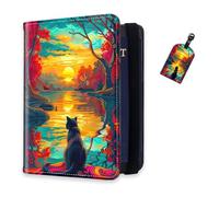 DISUOFEART RFID Passport Holder for Travel with Luggage Tags, PU Leather Passport Wallet with Multiple Card Slots, Travel Passport Case for Men & Women-5, Sunset Watcher Cat, Art Deco