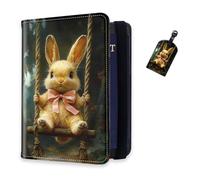DISUOFEART RFID Passport Holder for Travel with Luggage Tags, PU Leather Passport Wallet with Multiple Card Slots, Travel Passport Case for Men & Women-18, Bunny on Swing with Pink Bow, Art Deco